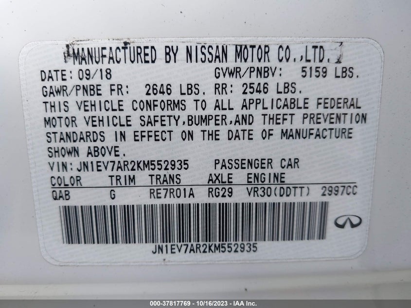 VIN JN1EV7AR2KM552935 2019 INFINITI Q50 3.0T LUXE
