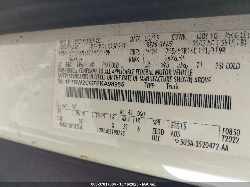 2015 FORD TRANSIT CARGO VAN 1FTSW2CG7FKA98985