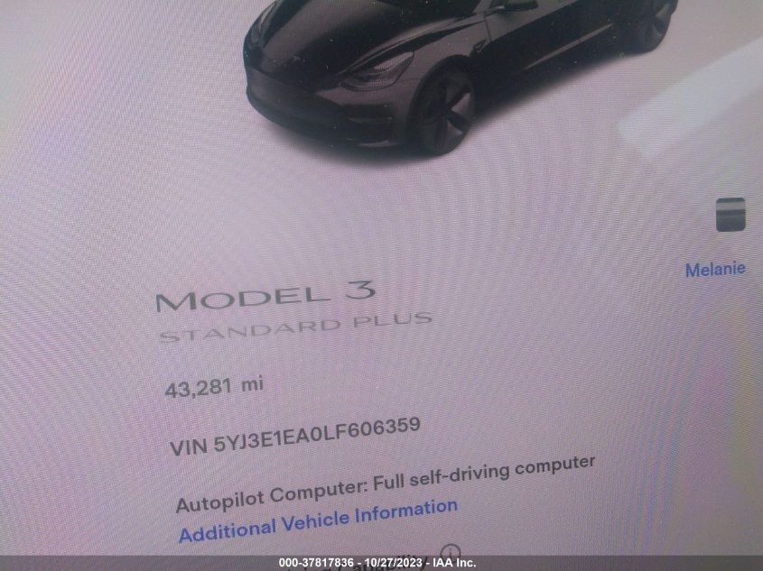 5YJ3E1EA0LF606359 | 2020 TESLA MODEL 3