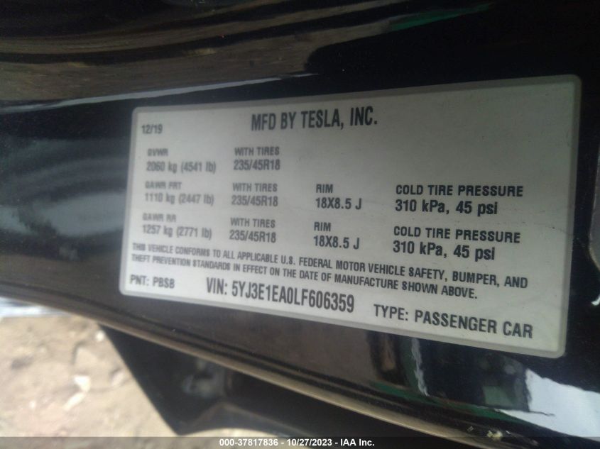 5YJ3E1EA0LF606359 | 2020 TESLA MODEL 3