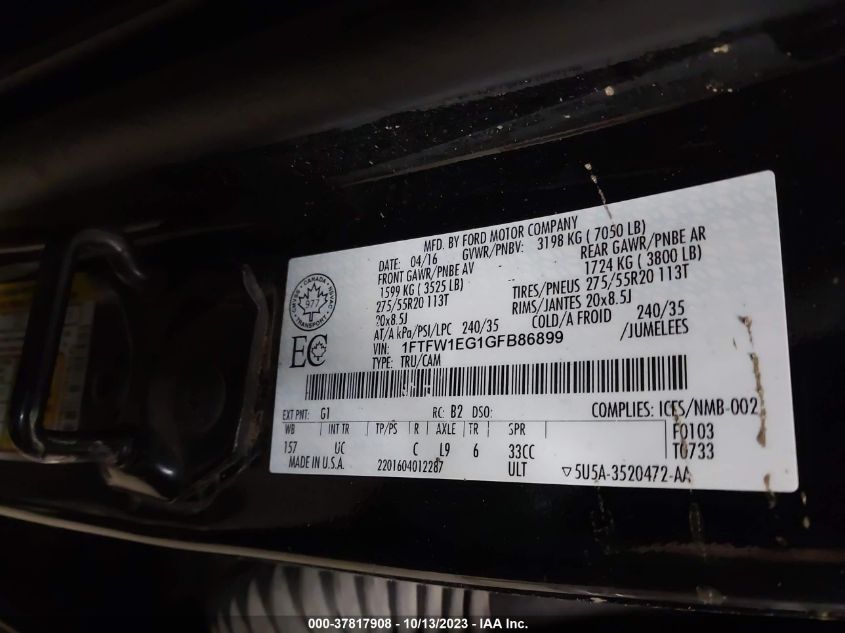 2016 FORD F-150 XLT/XL/LARIAT/PLATINUM - 1FTFW1EG1GFB86899