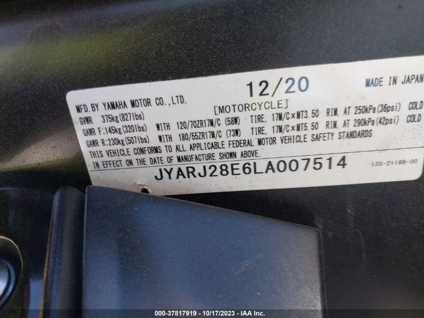 2020 YAMAHA YZFR6 JYARJ28E6LA007514