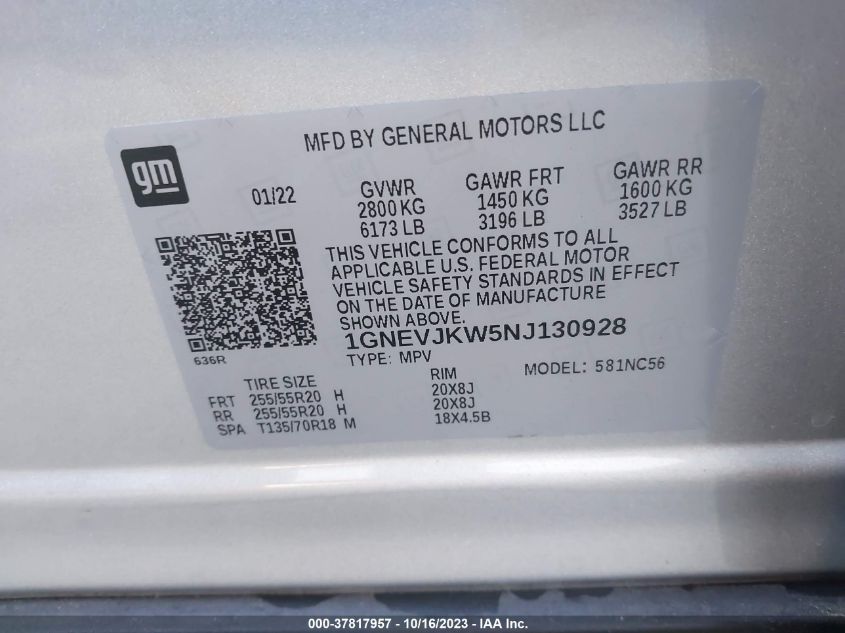 2022 CHEVROLET TRAVERSE RS - 1GNEVJKW5NJ130928