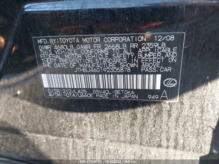 2009 LEXUS ES 350 VIN: JTHBJ46G192305878