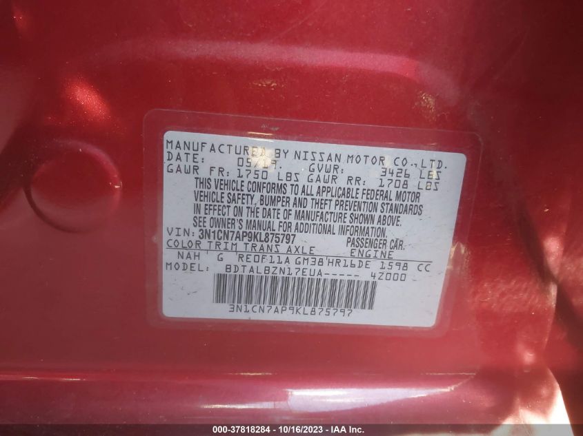 2019 NISSAN VERSA 1.6 SV - 3N1CN7AP9KL875797