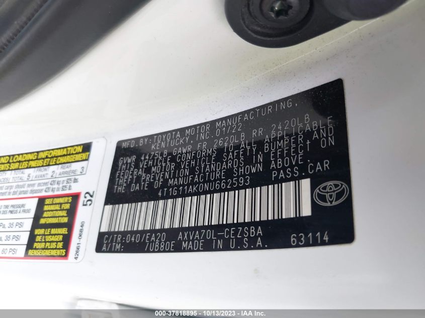 2022 TOYOTA CAMRY SE - 4T1G11AK0NU662593