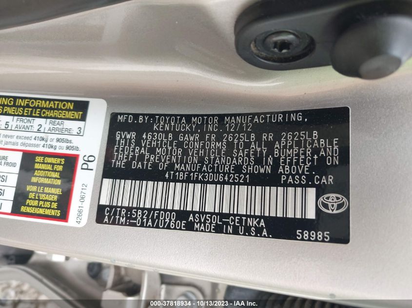 2013 TOYOTA CAMRY L/LE/SE/XLE - 4T1BF1FK3DU642521
