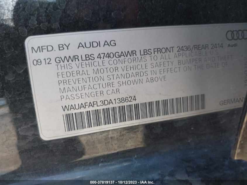 2013 AUDI A4 PREMIUM - WAUAFAFL3DA138624