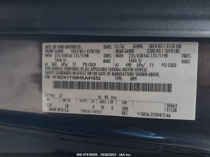 2017 FORD TRANSIT WAGON XL/XLT - 1FMZK1YG9HKA41652