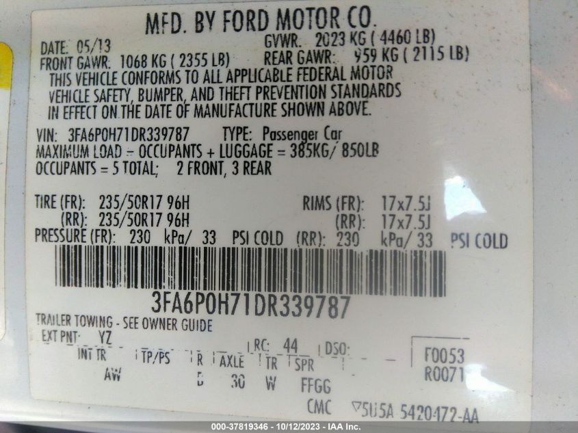 2013 FORD FUSION SE - 3FA6P0H71DR339787