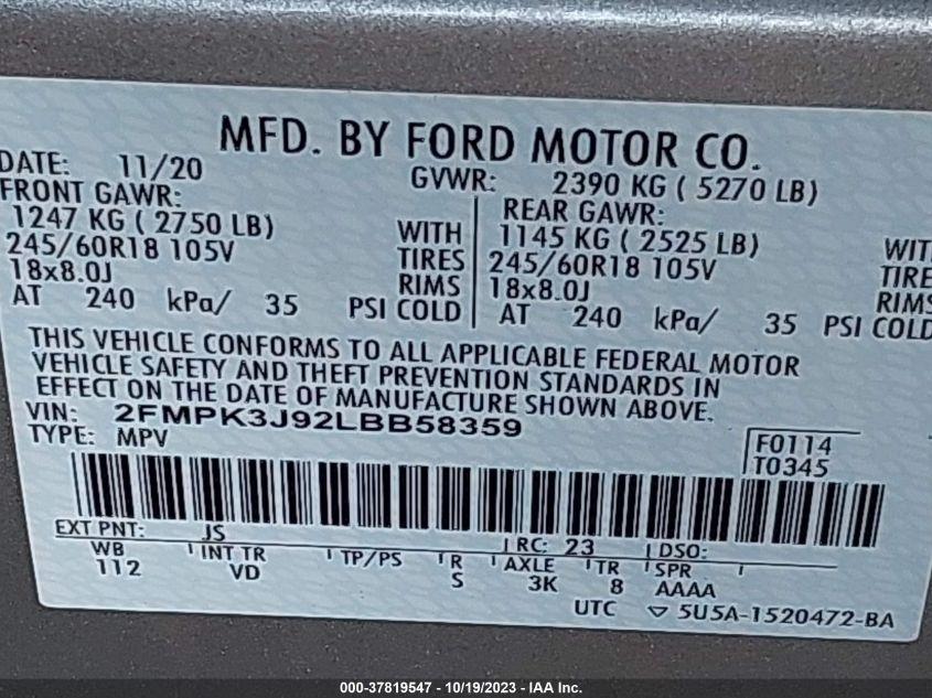 2020 FORD EDGE SEL/ST LINE - 2FMPK3J92LBB58359
