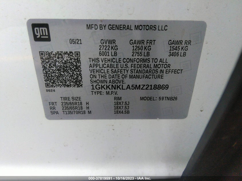 VIN 1GKKNKLA5MZ218869 2021 GMC ACADIA SLE