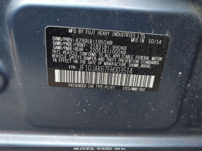 2015 SUBARU IMPREZA SEDAN PREMIUM - JF1GJAK67FH003514
