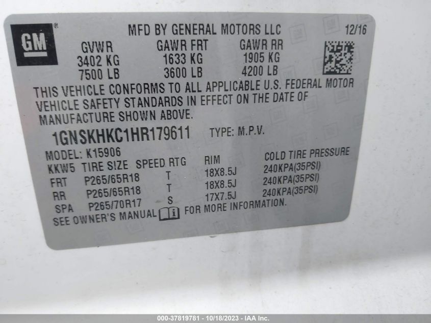 2017 CHEVROLET SUBURBAN LT - 1GNSKHKC1HR179611