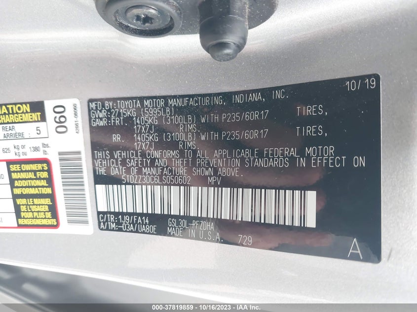 VIN 5TDZZ3DC6LS050602 2020 TOYOTA SIENNA L