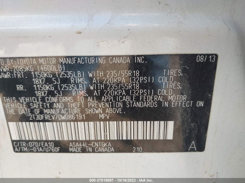 2013 TOYOTA RAV4 LIMITED - 2T3DFREV7DW086191