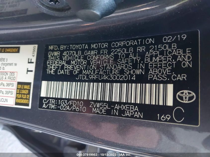 VIN JTDL9RFU4K3002014 2019 TOYOTA PRIUS LE/XLE