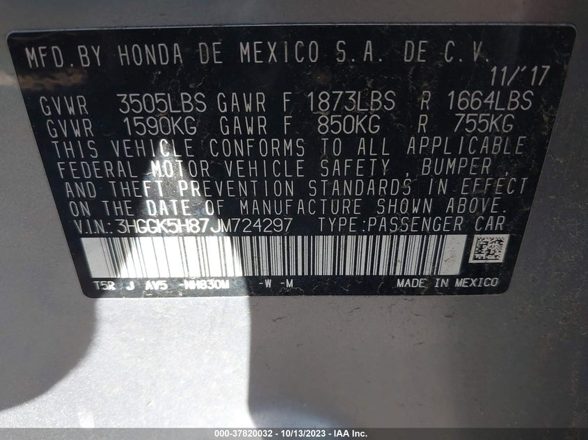 VIN 3HGGK5H87JM724297 2018 HONDA FIT EX