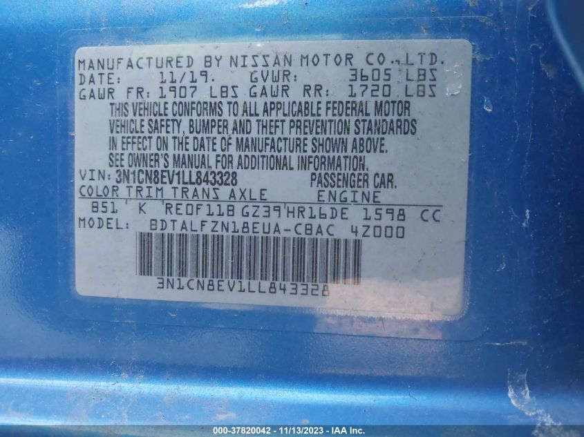 2020 NISSAN VERSA SV - 3N1CN8EV1LL843328