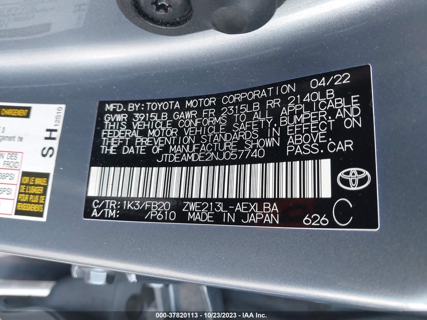 VIN JTDEAMDE2NJ057740 2022 TOYOTA COROLLA LE