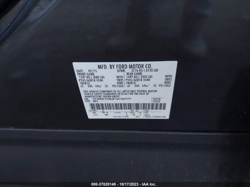 2015 FORD EXPLORER XLT - 1FM5K7D82FGC02777