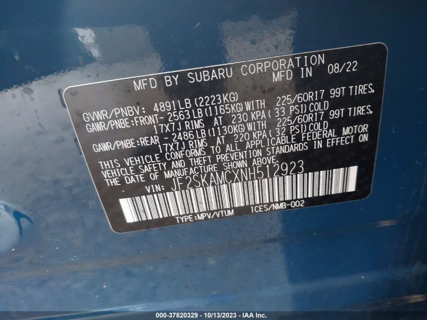 VIN JF2SKAMCXNH512923 2022 SUBARU FORESTER WILDERNESS