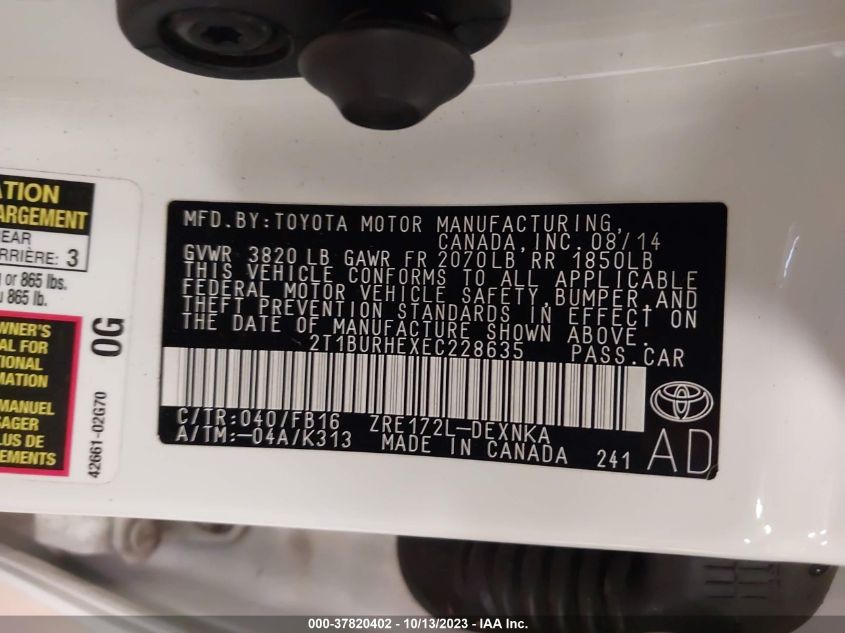 2014 TOYOTA COROLLA L/LE/LE PLS/PRM/S/S PLS - 2T1BURHEXEC228635