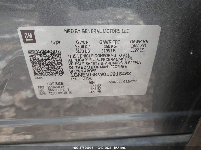 1GNEVGKW0LJ218463 Chevrolet Traverse LT CLOTH 9