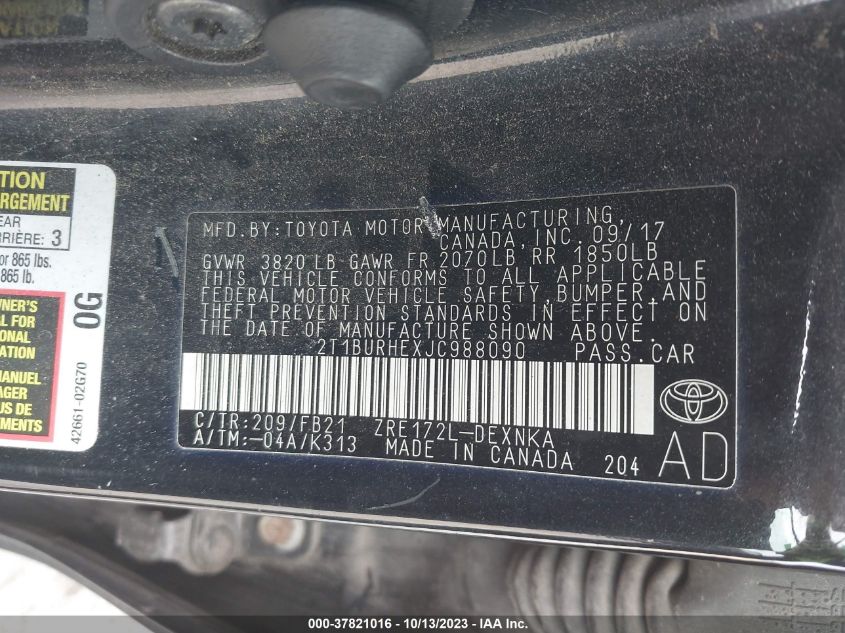 2018 TOYOTA COROLLA L/LE/XLE/SE/XSE - 2T1BURHEXJC988090
