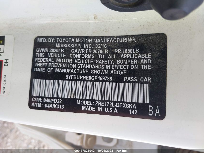 2016 TOYOTA COROLLA L/LE/S/S PLUS/LE PLUS - 5YFBURHE0GP469736