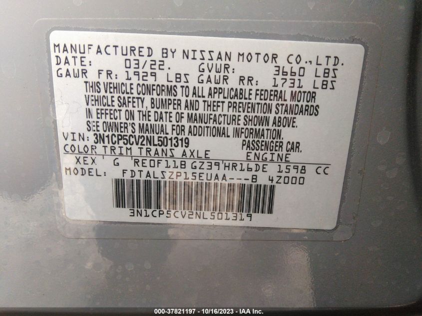 2022 NISSAN KICKS SV - 3N1CP5CV2NL501319