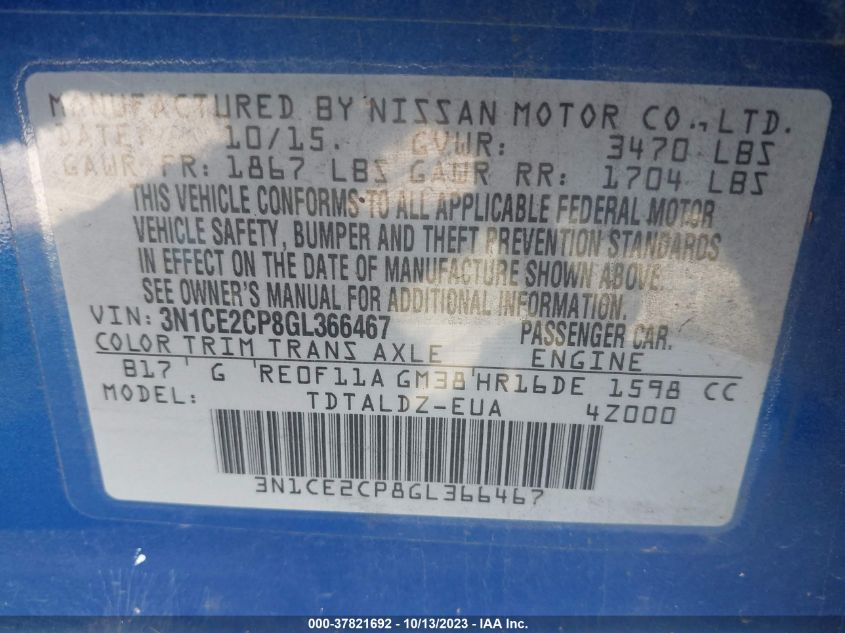 2016 NISSAN VERSA NOTE S/S PLUS/SV/SL/SR - 3N1CE2CP8GL366467