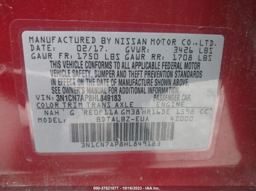 2017 NISSAN VERSA SEDAN SV 3N1CN7AP8HL849183