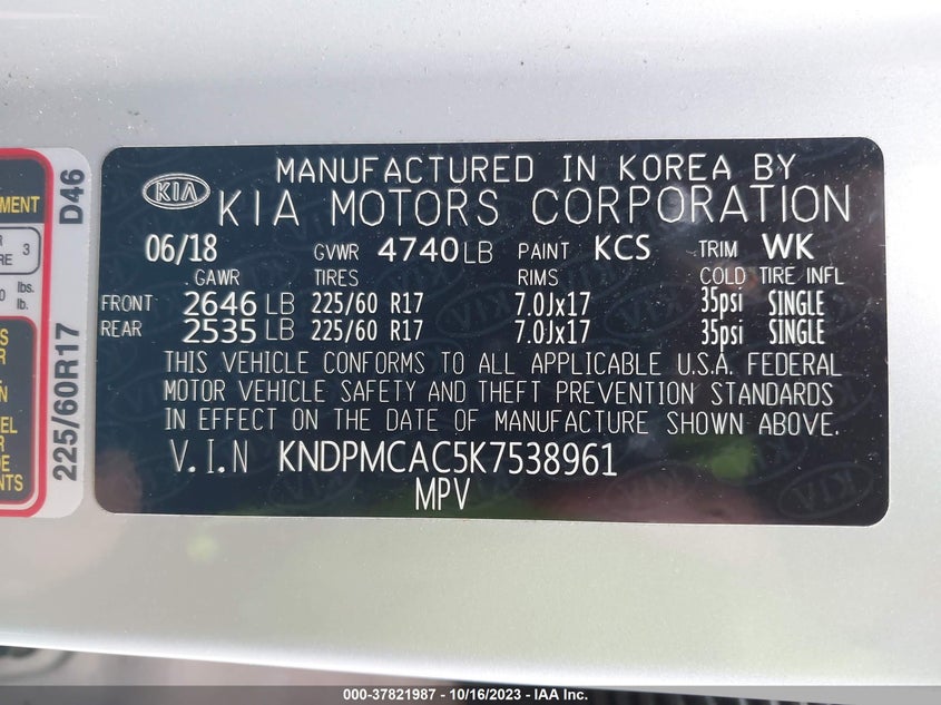 VIN KNDPMCAC5K7538961 2019 KIA SPORTAGE LX