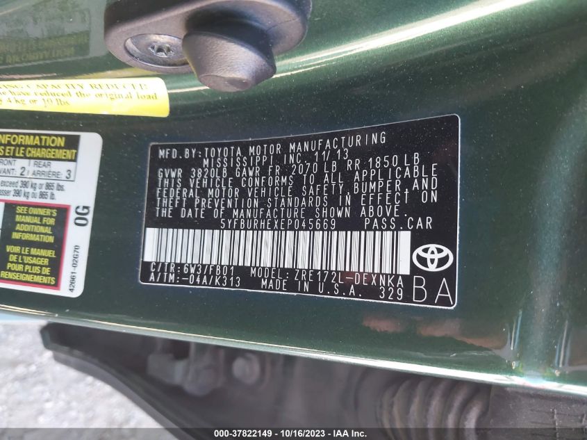 2014 TOYOTA COROLLA L/LE/S/S PLUS/LE PLUS - 5YFBURHEXEP045669