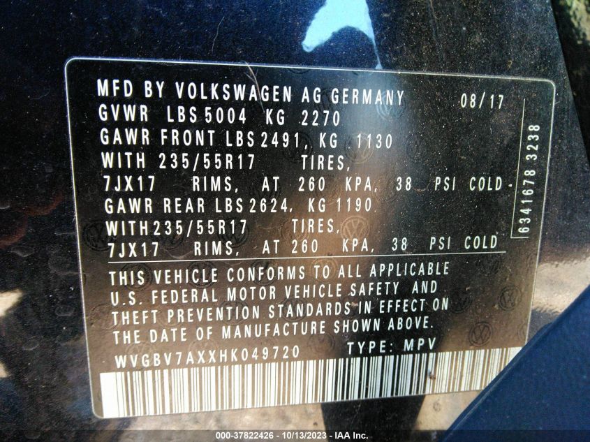 2017 VOLKSWAGEN TIGUAN - WVGBV7AXXHK049720