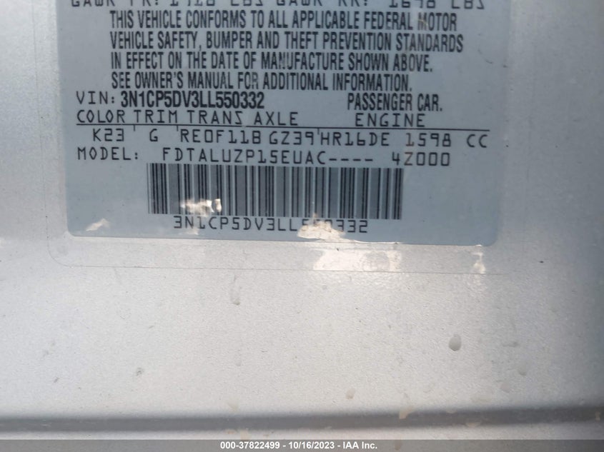 VIN 3N1CP5DV3LL550332 2020 NISSAN KICKS SR