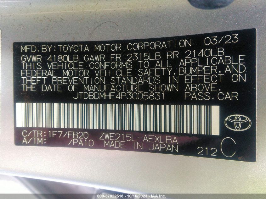 VIN JTDBDMHE4P3005831 2023 TOYOTA COROLLA LE/SE/NIGHT SHADE