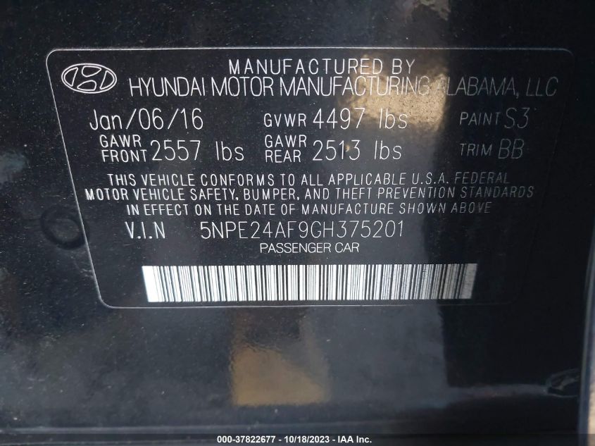 2016 HYUNDAI SONATA 2.4L SE - 5NPE24AF9GH375201