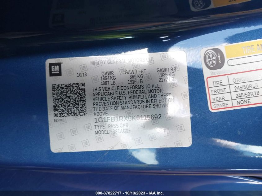 2019 CHEVROLET CAMARO 1LS - 1G1FB1RX6K0115692