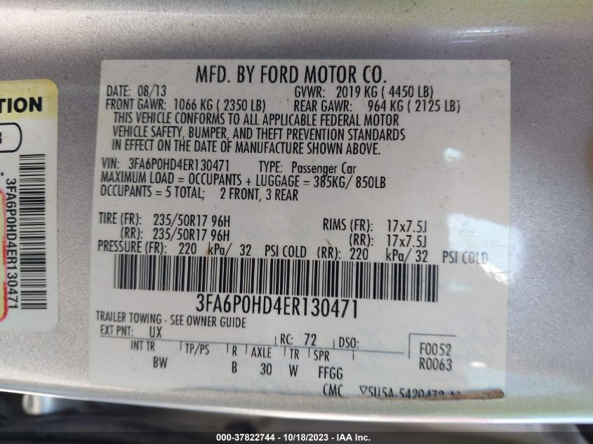 2014 FORD FUSION SE - 3FA6P0HD4ER130471