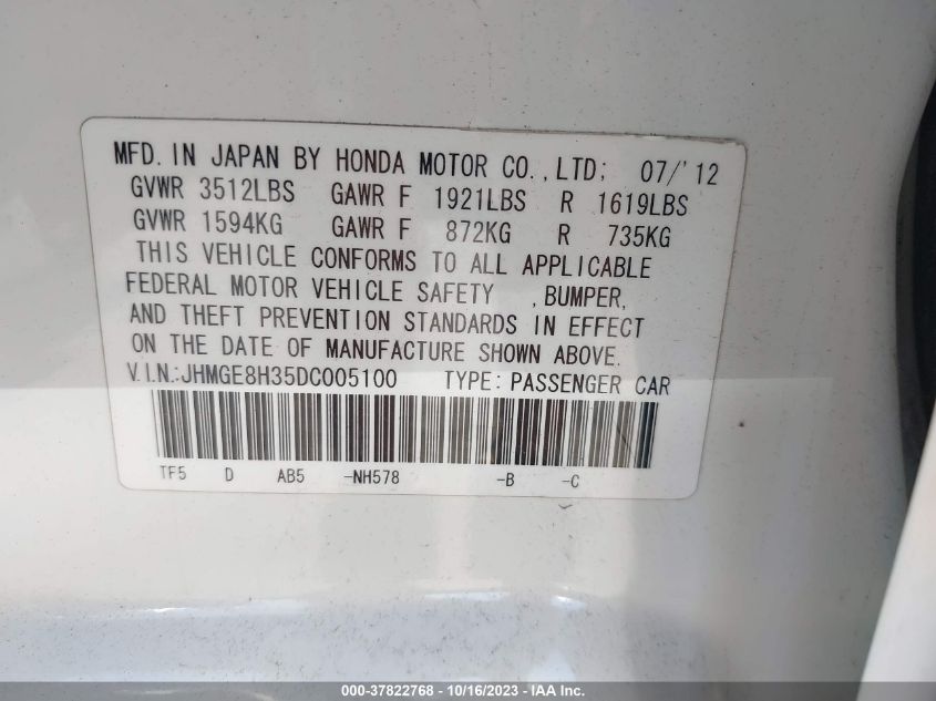 2013 HONDA FIT - JHMGE8H35DC005100