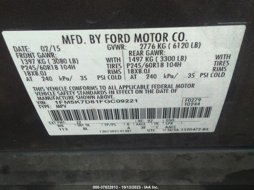 2015 FORD EXPLORER XLT - 1FM5K7D81FGC09221