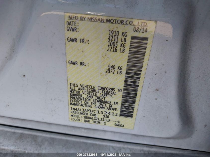 2015 NISSAN ALTIMA 2.5/S/SV/SL - 1N4AL3AP3FC152411