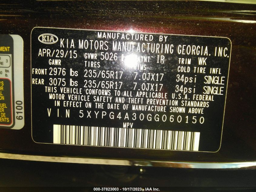 2016 KIA SORENTO LX/L - 5XYPG4A30GG060150