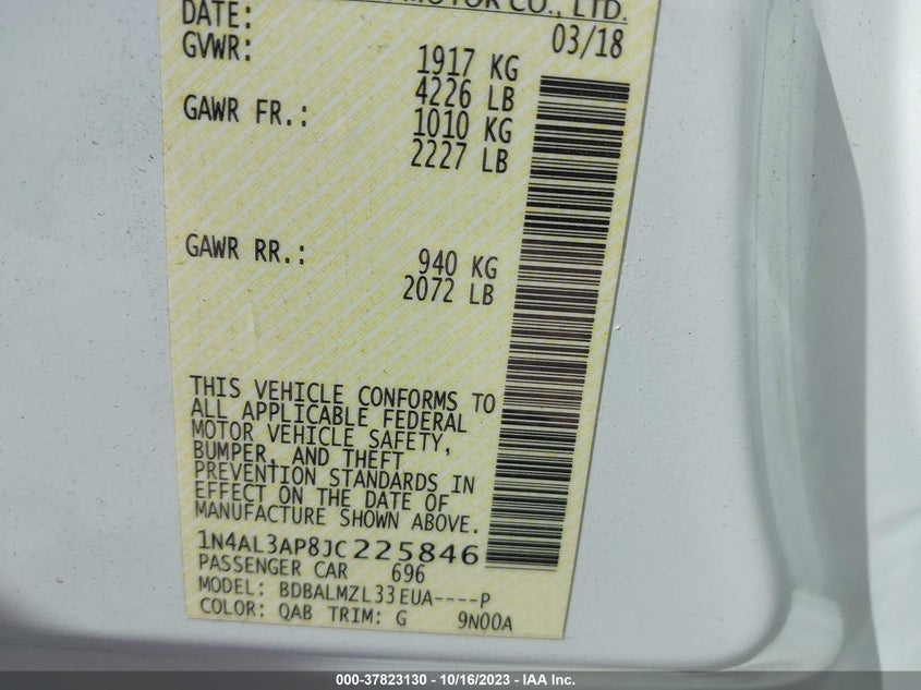 VIN 1N4AL3AP8JC225846 2018 NISSAN ALTIMA 2.5/S/SV/SL/SR