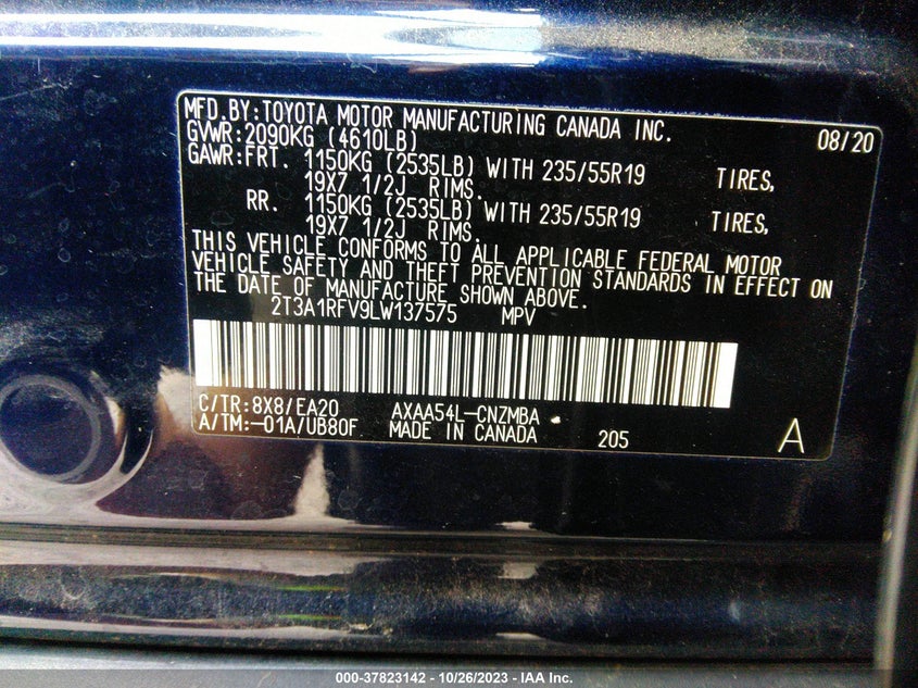 VIN 2T3A1RFV9LW137575 2020 TOYOTA RAV4 XLE PREMIUM