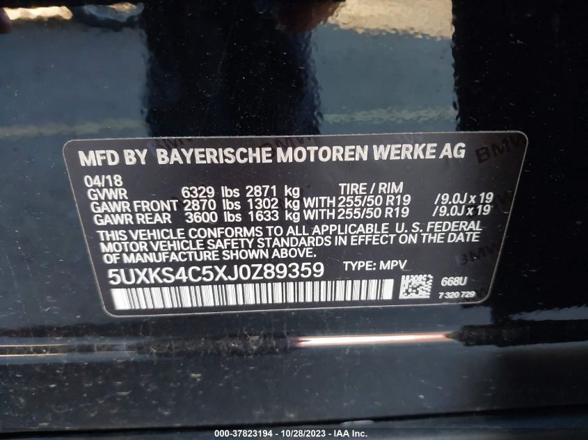 5UXKS4C5XJ0Z89359 2018 BMW X5, photo no. 9