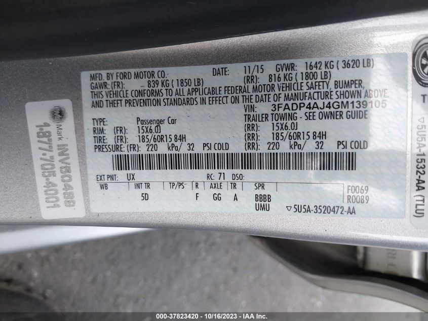 2016 FORD FIESTA S - 3FADP4AJ4GM139105