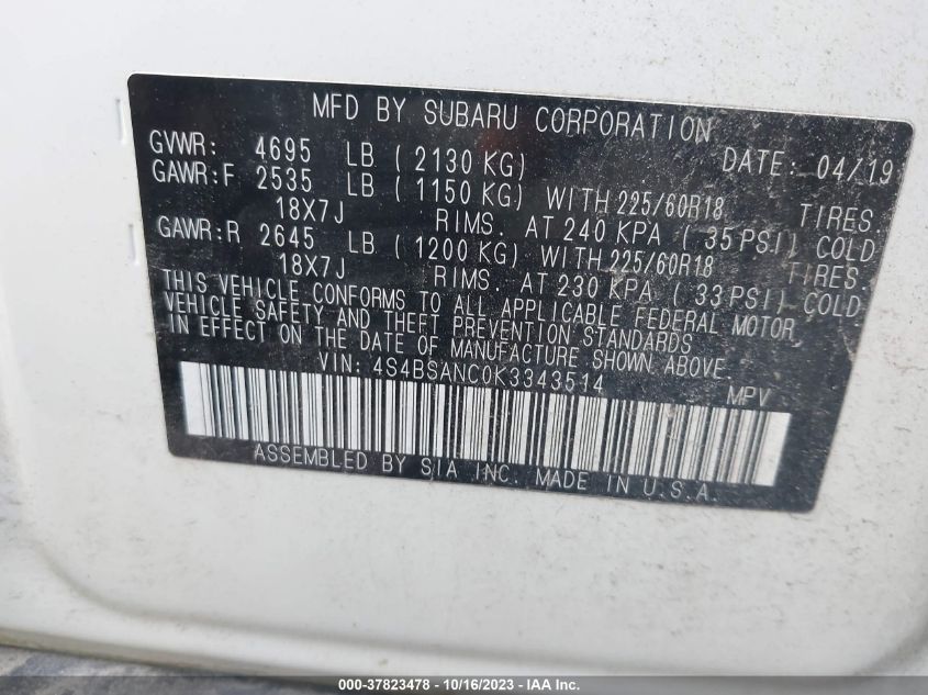 VIN 4S4BSANC0K3343514 2019 SUBARU OUTBACK 2.5I LIMITED
